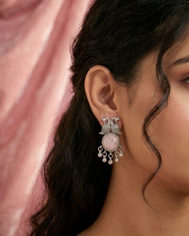 Oxidized Silver Twin-Peacock & Rose Quartz Earrings