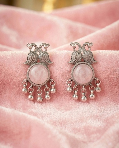 Oxidized Silver Twin-Peacock & Rose Quartz Earrings