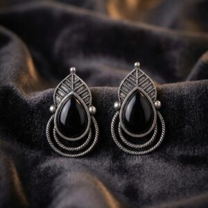 Oxidized Silver Leaf-Motif Black Onyx Stud Earrings for Women