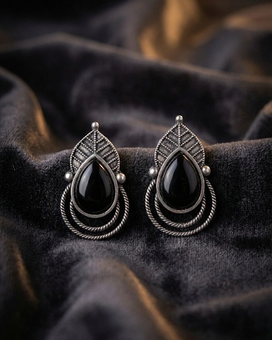 Oxidized Silver Leaf-Motif Black Onyx Stud Earrings for Women