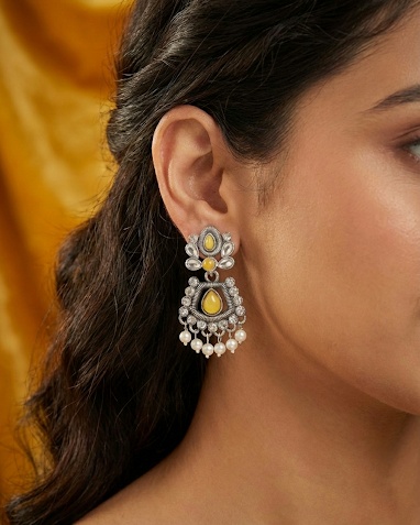 Oxidized Silver Floral Drop Earrings with Yellow Stones and Pearl Accents