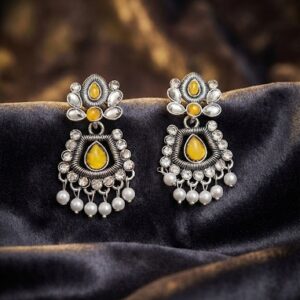 Oxidized Silver Floral Drop Earrings with Yellow Stones and Pearl Accents