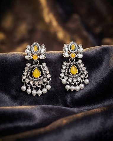 Oxidized Silver Floral Drop Earrings with Yellow Stones and Pearl Accents