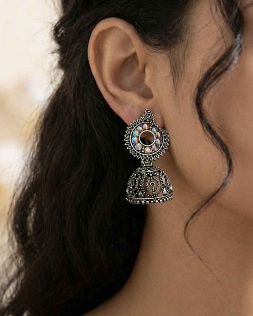 Oxidized Silver Paisley Stone-Studded Jhumka Earrings for Women