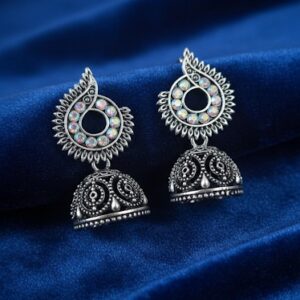 Oxidized Silver Paisley Stone-Studded Jhumka Earrings for Women