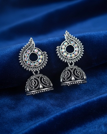 Oxidized Silver Paisley Stone-Studded Jhumka Earrings for Women