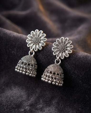 Floral Oxidised Silver Jhumka Earrings for Women