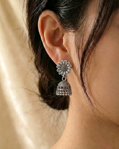 Floral Oxidised Silver Jhumka Earrings for Women