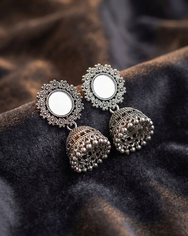 Traditional Oxidised Silver Mirror Jhumka Earrings for Women