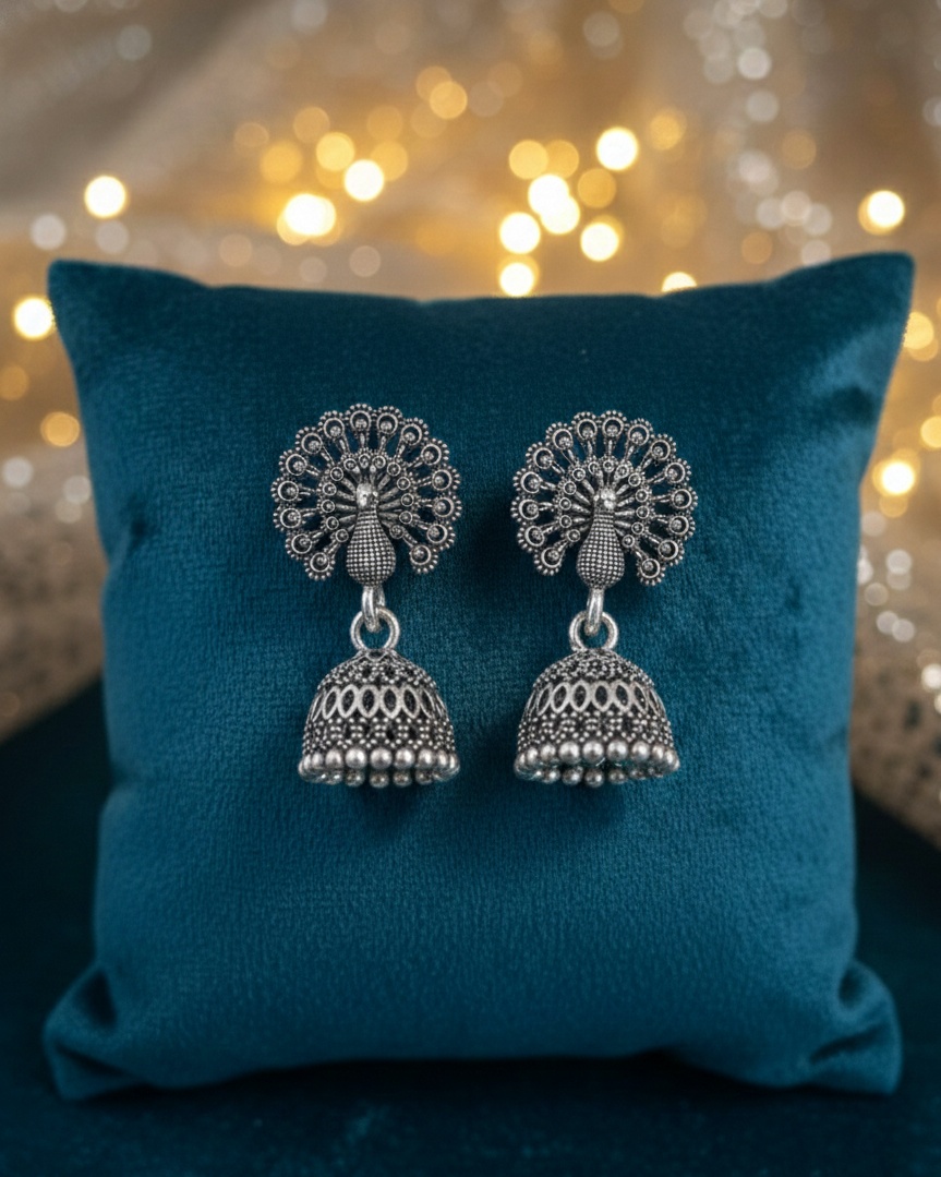 Elegant Oxidised Silver Peacock Jhumka Earrings for Women