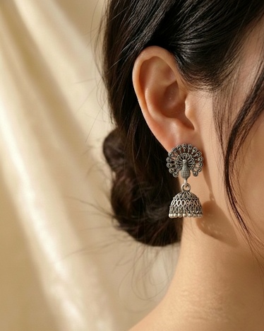 Elegant Oxidised Silver Peacock Jhumka Earrings for Women