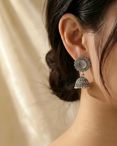 Traditional Oxidised Silver Mirror Jhumka Earrings for Women